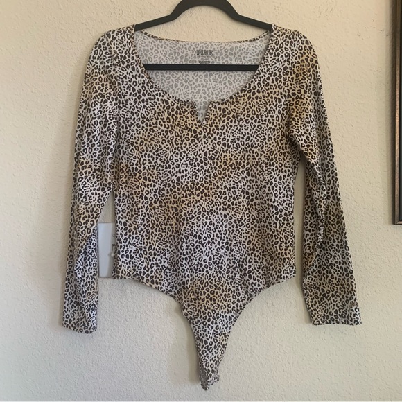 Pink Victoria’s Secret Animal Print Long Sleeve Thong Bodysuit - Picture 1 of 11
